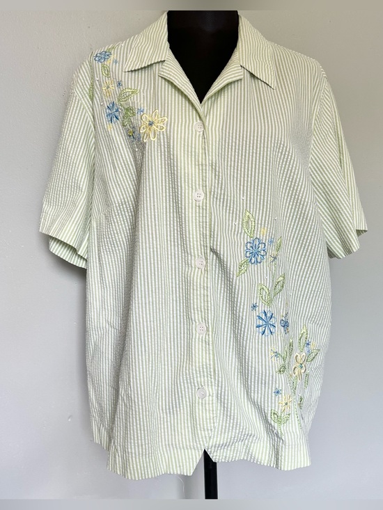 Alfred Dunner Tops - Green and white striped floral embroidered button down shirt
